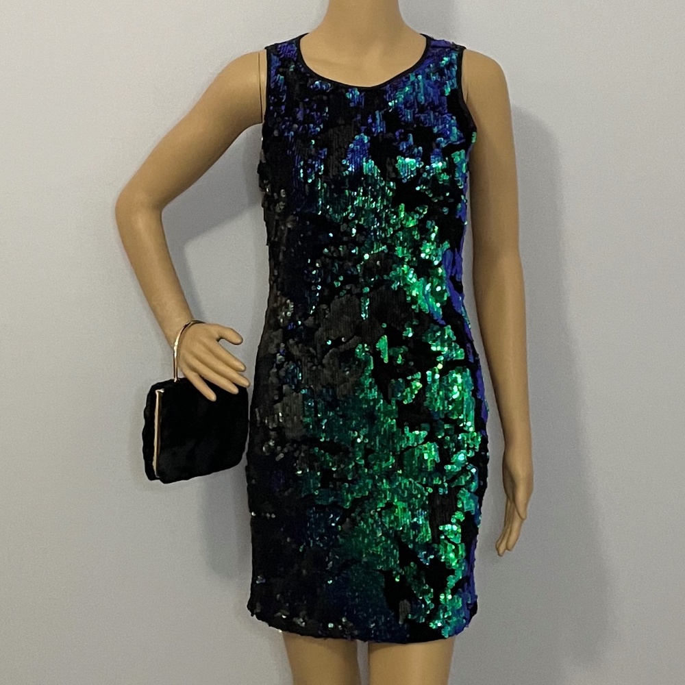 Mermaid green blue black olive sequined sleeveless sheath ultra glam mini dress!